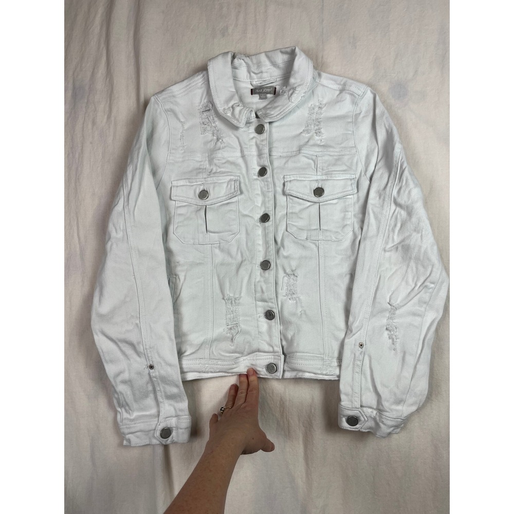 Dear John Womens White Distressed Denim Jacket Size L Button Front Jean Jacket